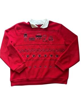 TanJay Red Fleece Knit Collared Sweater Vintage Embroidered Grandma Style Y2K